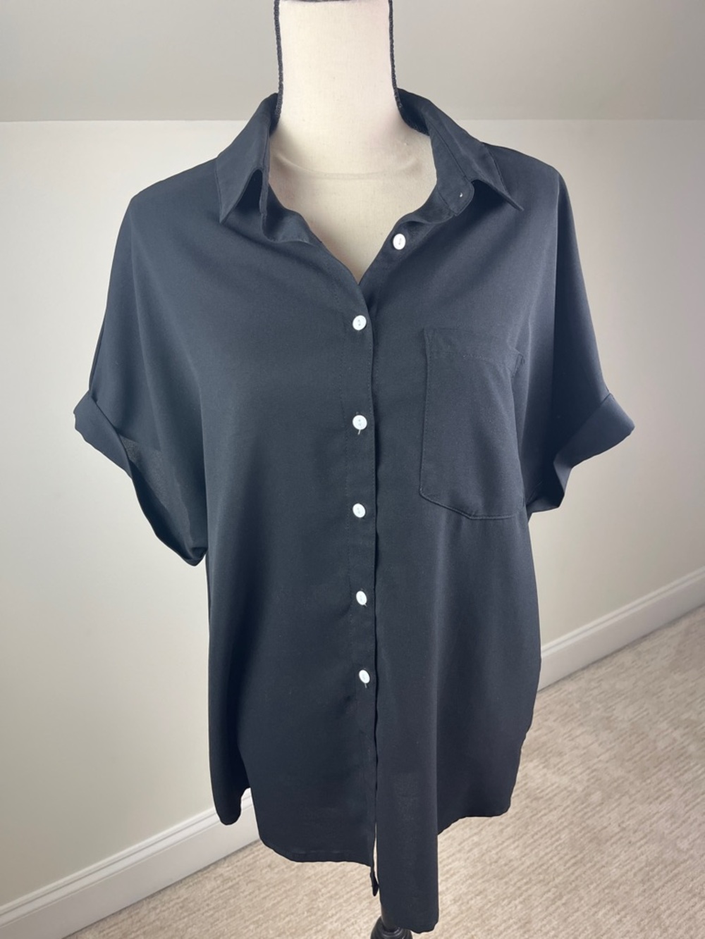Black Button Front Blouse Women’s XL Short Sleeve Collared Shirt - Picture 7 of 8